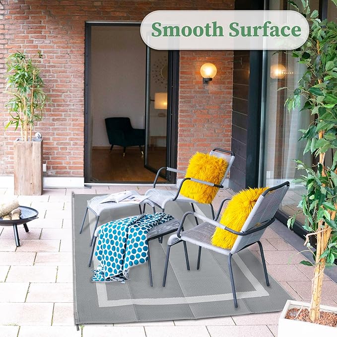 Ogrmar 9x12 FT Reversible Mats, Outdoor Rug for Patio Clearance, Waterproof Carpet, Plastic Straw Rug for Indoor Outdoor, Floor Mat&Rug for RV Porch Camping Backyard Deck Balcony Beach Trailer (Gray)