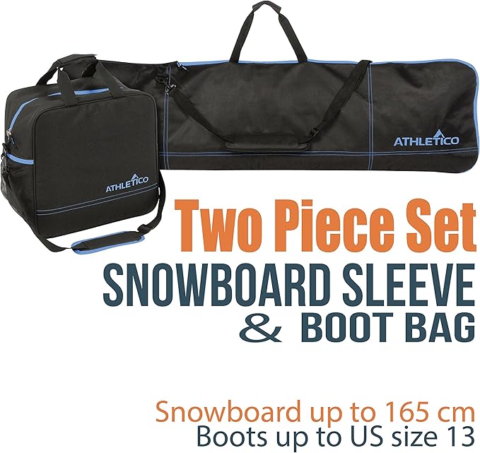 Athletico Two-Piece Snowboard and Boot Bag Combo | Store & Transport Snowboard Up to 165 CM and Boots Up To Size 13 | Includes 1 Snowboard Bag & 1 Boot Bag (Black)