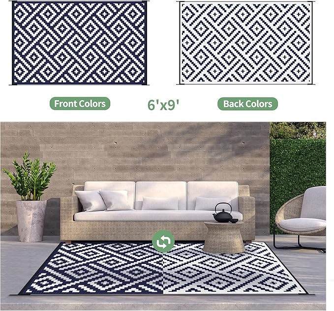 GENIMO Outdoor Rug for Patio Clearance,6'x9' Waterproof Mat,Reversible Plastic Camping Rugs,Rv,Deck,Porch,Camper,Balcony,Backyard (Navy Blue & White)