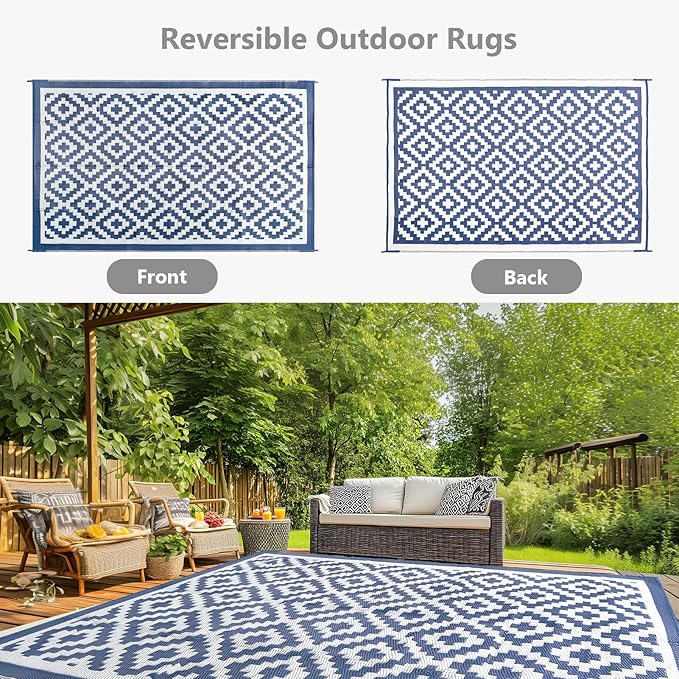 Outdoor Rug 8x10 Patio Waterproof, Plastic Straw Outdoor Carpet - UV Resistant Reversible Indoor Outdoor Rugs for Porch, Camping, Poolside, RV, Balcony, Easy to Clean, Blue and White