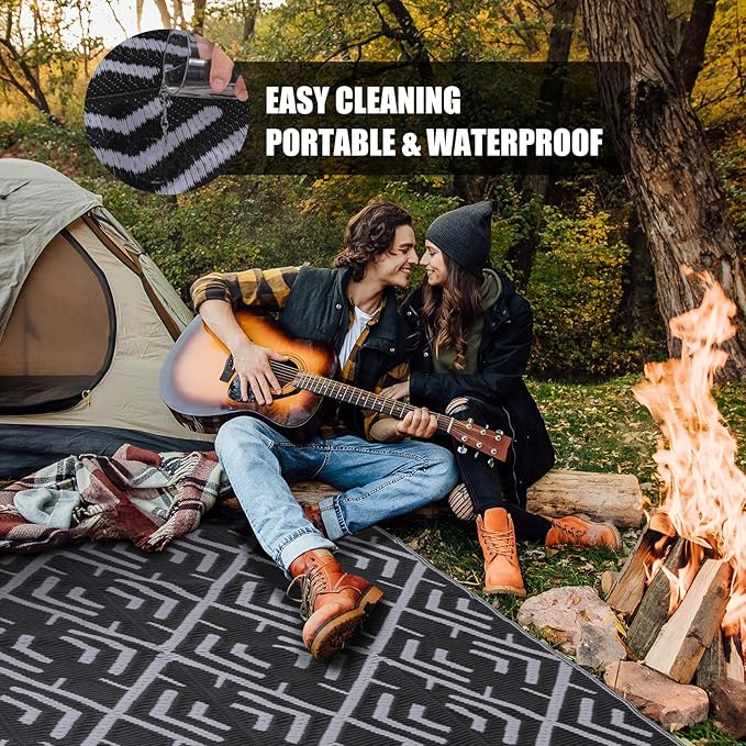 Outdoor Plastic Straw Rug, Waterproof Outdoor Rugs for Patios Clearance, Reversible Area Rug, Large Outside Carpet for Camping, Balcony, RV, Deck, Picnic, Beach (5x8ft Boho/Black&Grey)