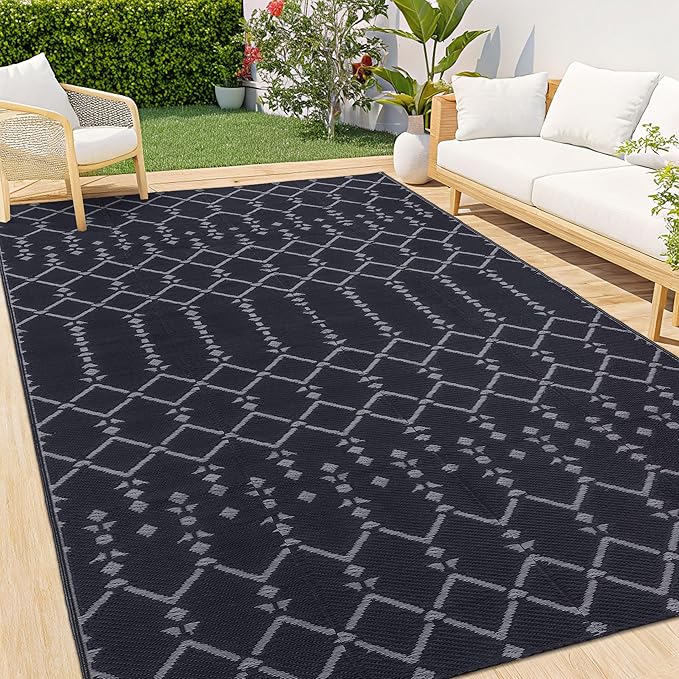 Smiry Outdoor Rug 9x12 ft, Waterproof Reversible Plastic Straw Rugs, Boho Outdoor Area Rug, Outside Floor Mat for Patio, Backyard, Deck, Picnic, Beach, Camping, Dark Grey
