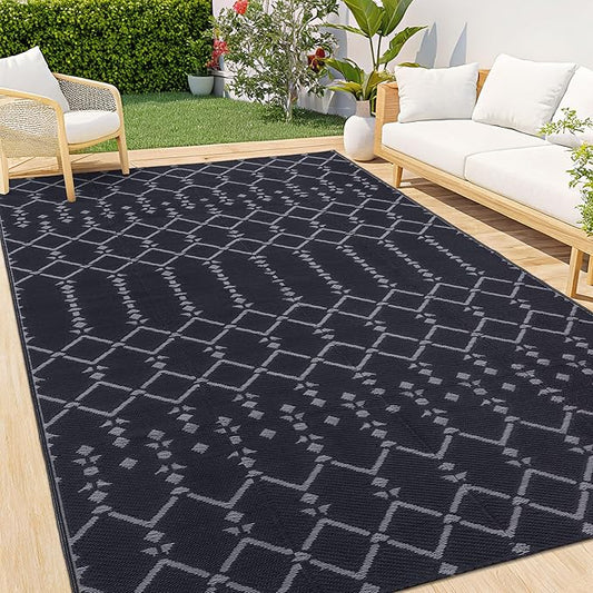 Smiry Outdoor Rug 9x12 ft, Waterproof Reversible Plastic Straw Rugs, Boho Outdoor Area Rug, Outside Floor Mat for Patio, Backyard, Deck, Picnic, Beach, Camping, Dark Grey