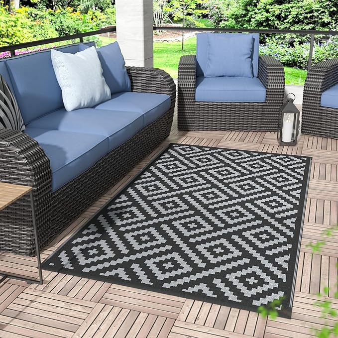 GENIMO Outdoor Rugs 3x5 Waterproof, Reversible Mats, Outdoor Area Rug, Plastic Outside Carpet, Eeometric Rv Mat for Patio Camping Rv Picnic Backyard Deck Balcony Porch Beach Trailer (Black & Grey)