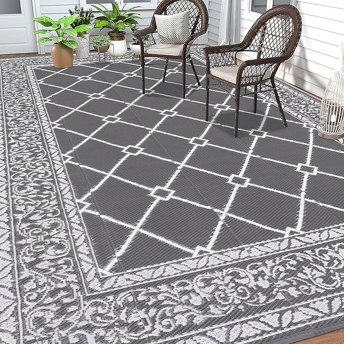 HEBE Outdoor Rug 9'x12' for Patios Waterproof Clearance Reversible Patio Mat Plastic Straw Rug RV Camping Mat Outside Area Rug Carpet for Camping RV,Porch,Deck,Balcony,Camper,Backyard