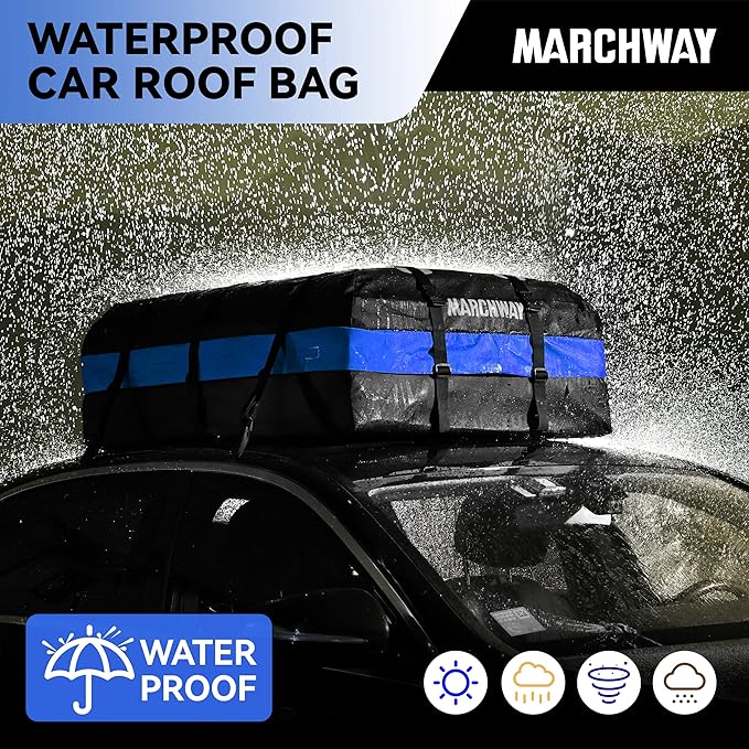 MARCHWAY Waterproof Car Roof Luggage Bag, Weatherproof Soft Shell Rooftop Cargo Carrier Bag for Vehicles with or Without Rack. 6 Door Hooks, Anti Slip Mat, Lock Included (21 Cubic Feet, Blue)