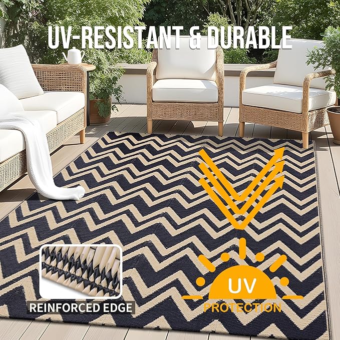 OLANLY Waterproof Outdoor Rug 5x8 ft Clearance, Reversible Outdoor Plastic Straw Rug, RV Mat, Indoor Outdoor Carpet for Patio, Camping, Balcony, Deck, Backyard, Black & Beige