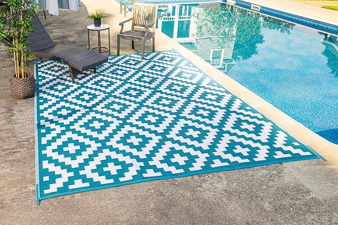 FH Home Outdoor Camping Rug - Waterproof, Fade Resistant, Reversible - Premium Recycled Plastic - Geometric - Large Patio, Deck, Sunroom, RV - Aztec - Teal & White - 9 x 12 ft Foldable