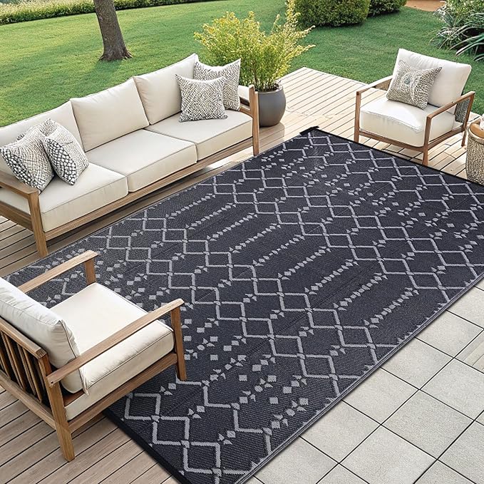 Smiry Outdoor Rug 9x12 ft, Waterproof Reversible Plastic Straw Rugs, Boho Outdoor Area Rug, Outside Floor Mat for Patio, Backyard, Deck, Picnic, Beach, Camping, Dark Grey