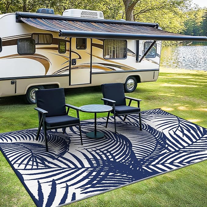 GENIMO Outdoor Rug 6' x 9' Waterproof for Patio Clearance, Reversible Plastic Straw Camping Carpet, Lightweight Mats for Rv, Backyard, Deck, Porch, Picnic, Beach, Balcony, Blue & White