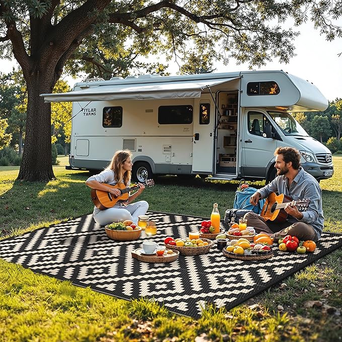 Outdoor Rug for Patio - Waterproof Plastic Straw Camping Rugs 8x10 ft, Reversible Outdoor Indoor RV Mat Carpet for Patio, Porch, Deck, Balcony, Picnic, Beach, Black Beige