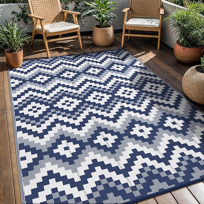 GENIMO Outdoor Rug Waterproof 6x9 ft, Lightweight Plastic Straw Rugs, Outside Reversible Area Mat Carpet for Patio, Camping, RV, Deck, Balcony, Porch, Backyard, Blue & White