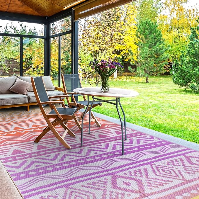 Lahome Outdoor Rug Waterproof, 5x8ft Reversible Outdoor Plastic Straw Rug for Camping, RV Patio Rugs Outside Carpet for Porch Deck Backyard Balcony Picnic(Orange/Purple,5'x 8')