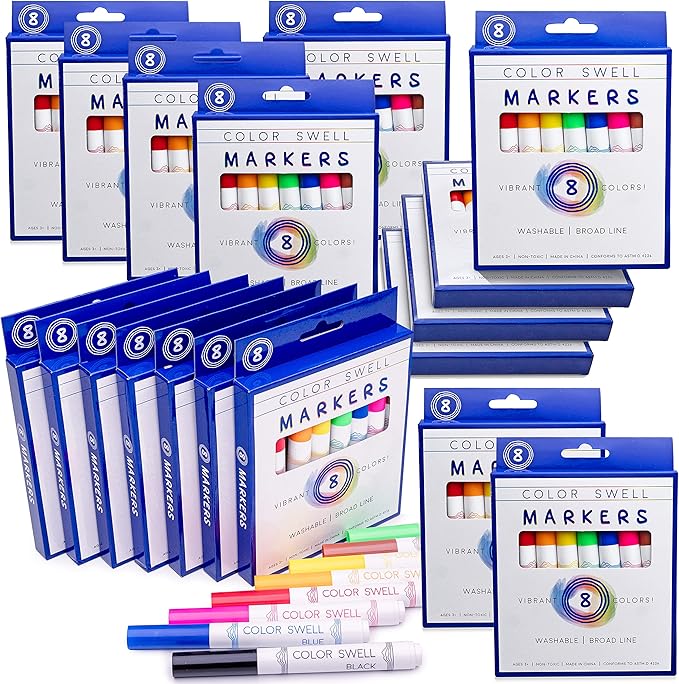 Color Swell Washable Bulk Markers Pack 18 Boxes of 8 Vibrant Colors (144 Total) Perfect Markers for Kids, Parties, Classrooms - Bulk Broad Line Markers