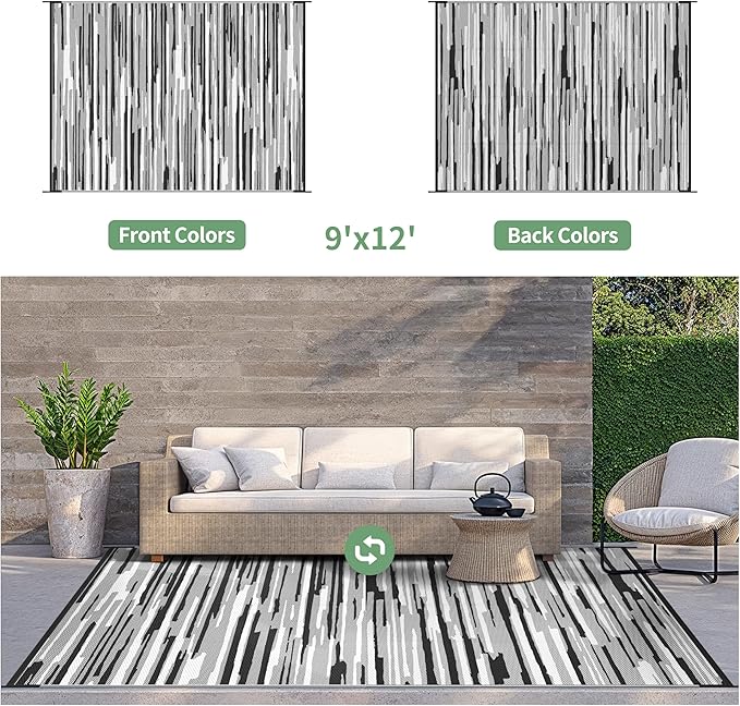 GENIMO Outdoor Rug for Patio Clearance, 9'x12' Waterproof Camping Mat, Reversible Plastic Straw Rugs for RV, Camper, Balcony, Backyard, Picnic, Deck (Black White)