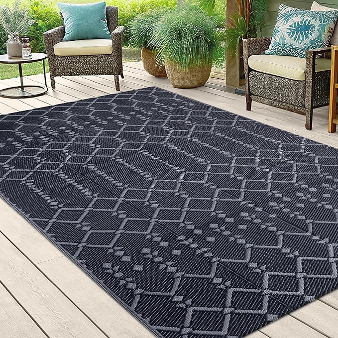 Smiry Outdoor Rug 5x8 ft, Waterproof Reversible Plastic Straw Rugs, Boho Outdoor Area Rug, Outside Floor Mat for Patio, Backyard, Deck, Picnic, Beach, Camping, Dark Grey