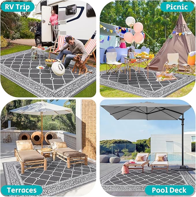 HEBE Outdoor Rug 9'x12' for Patios Waterproof Clearance Reversible Patio Mat Plastic Straw Rug RV Camping Mat Outside Area Rug Carpet for Camping RV,Porch,Deck,Balcony,Camper,Backyard