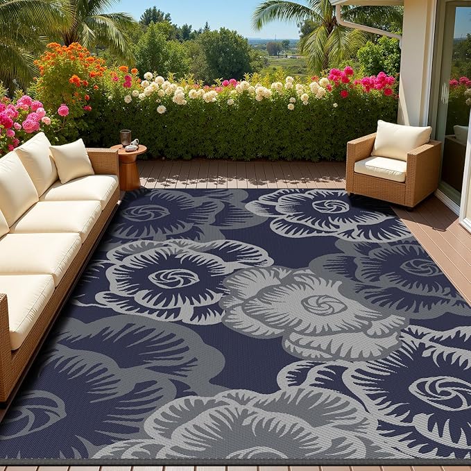 MontVoo Outdoor Rug-Waterproof Patio Rug Mat 5x8 Outdoor Carpet Mat Reversible Plastic Straw Outside Outdoor Rug for RV Camping Picnic Beach Balcony Backyard Pool Deck Farmhouse Floral Navy Blue