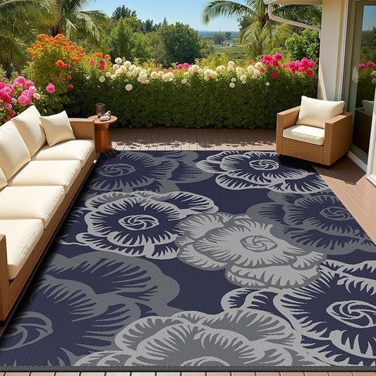 MontVoo Outdoor Rug-Waterproof Patio Rug Mat 5x8 Outdoor Carpet Mat Reversible Plastic Straw Outside Outdoor Rug for RV Camping Picnic Beach Balcony Backyard Pool Deck Farmhouse Floral Navy Blue