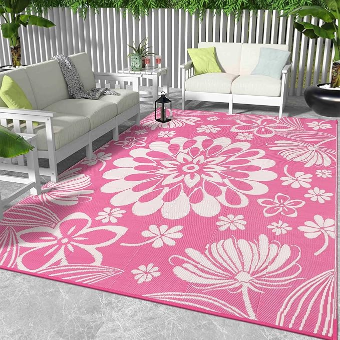 Ileading Outdoor Plastic Straw Rug 9x12ft Funny Floral Style Reversible Patio Area Rugs Waterproof Non Shedding Portable Carpets Large RV Rugs for Outside Deck Pool Beach Picnic Camping (Pink)