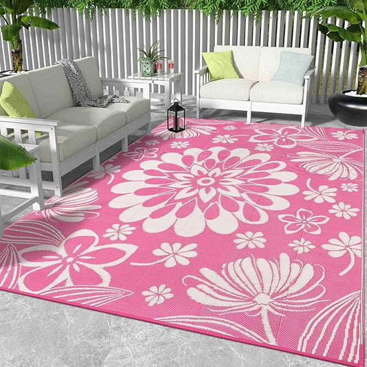 Ileading Outdoor Plastic Straw Rug 9x12ft Funny Floral Style Reversible Patio Area Rugs Waterproof Non Shedding Portable Carpets Large RV Rugs for Outside Deck Pool Beach Picnic Camping (Pink)
