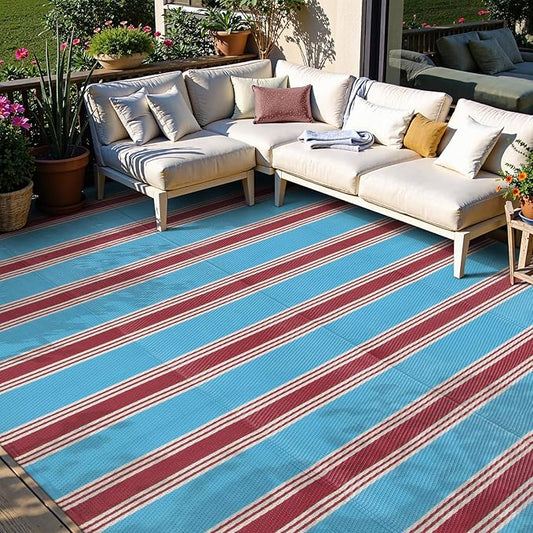 Lahome Striped Outdoor Rug Waterproof, 6x9 Reversible Outdoor Plastic Straw Rug for Camping, RV Patio Rugs Large Carpet for Porch Deck Backyard Balcony Picnic(Blue/Red,6'x 9')