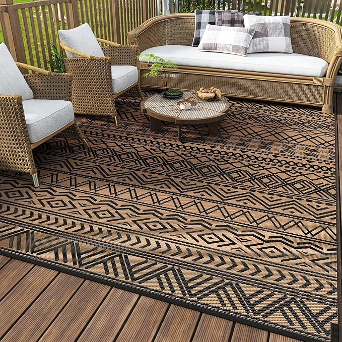 MontVoo Outdoor Rug Carpet Waterproof 9x12 Outdoor Patio Rug Mat Reverisble Plastic Straw Outdoor Rug for RV Camping Picnic Beach Balcony Boho Black Brown Large