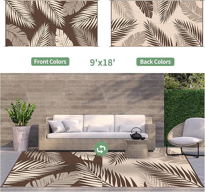 GENIMO Outdoor Rug 9' x 18' Waterproof for Patios Clearance, Reversible Outdoor Plastic Straw Camping Rug Carpet, Large Area Rugs Mats for RV, Camper, Deck, Balcony, Porch, Beach, Coffee&Beige