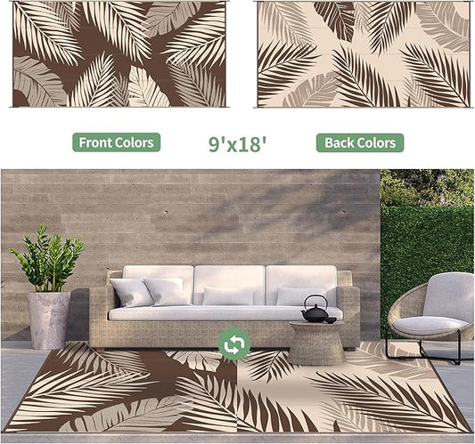 GENIMO Outdoor Rug 9' x 18' Waterproof for Patios Clearance, Reversible Outdoor Plastic Straw Camping Rug Carpet, Large Area Rugs Mats for RV, Camper, Deck, Balcony, Porch, Beach, Coffee&Beige