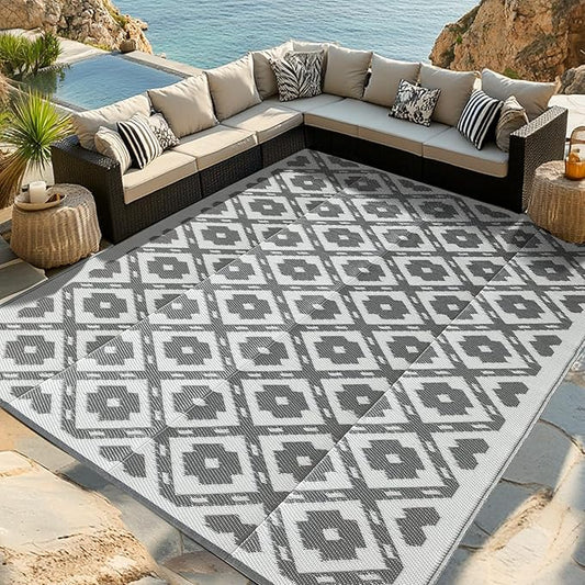 Waterproof Outdoor Rug 9x18 ft, Reversible Plastic Straw Rug, Easy to Clean Patio Rug, Portable Carpet for Patio, RV, Deck, Balcony, Backyard, Picnic, Beach, Square Dashed, Gray