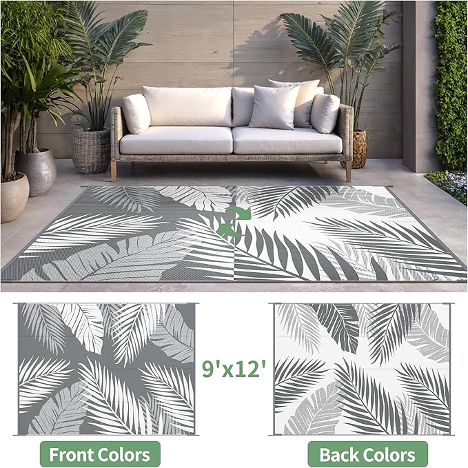 Outdoor Rug 9' x 12' for Patio Waterproof Clearance, Reversible Indoor Outdoor Plastic Straw Camping Rug Carpet, RV Mat, Large Area Rug for Deck, Backyard, Balcony, Porch, Beach,Grey and White