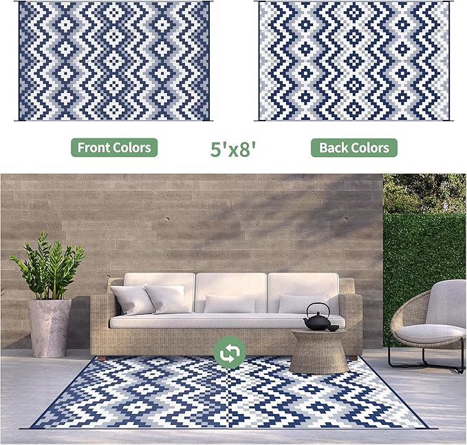 GENIMO Outdoor Rug for Patio, 5' x 8' Lightweight Waterproof Plastic Straw Rugs, Reversible Camping Carpet, Large Area Rugs Mat for Rv, Deck, Balcony, Porch, Backyard, Blue & White