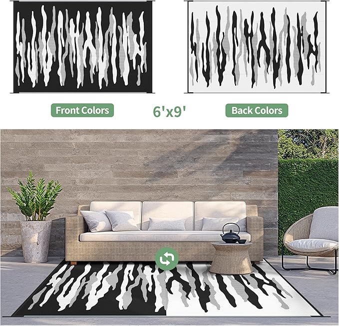 GENIMO Outdoor Rug for Patio Clearance, 6'x9' Waterproof Camping Mat, Reversible Plastic Straw Rugs for RV, Camper, Balcony, Backyard, Picnic, Deck (Black&White)