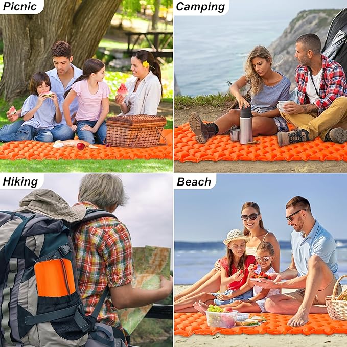 Self Inflating Sleeping Mat Ultralight Inflatable Sleeping Pad for Camping with Pillow Built-in Foot Pump Backpacking for Hiking Traveling Tent, Grey (Orange-Double)