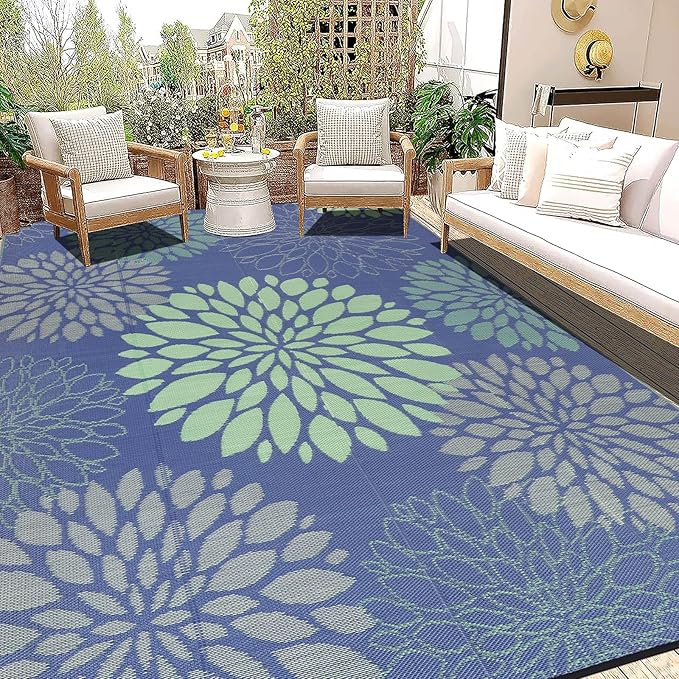 Ileading Reversible Outdoor Rug 9x12Ft Waterproof Patio Rug Carpet Portable Outdoor Plastic Straw Rug Large RV Camping Mat Rug for Patio, Clearance, Deck, Beach, Porch, Camping, Picnic, Colorful