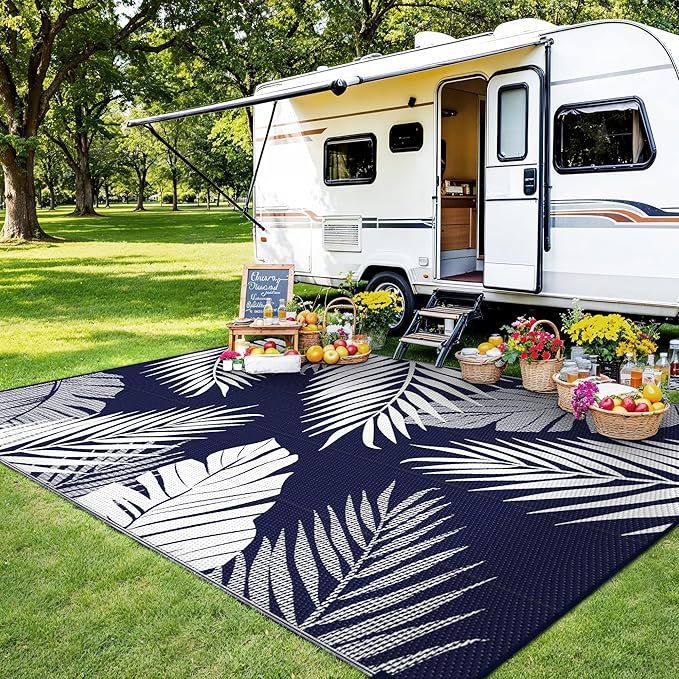 Outdoor Rug 8' x 10' for Patio Waterproof Clearance, Reversible Indoor Outdoor Plastic Straw Camping Rug Carpet, RV Mat, Large Area Rug for Deck, Backyard, Balcony, Porch, Navy Blue and White