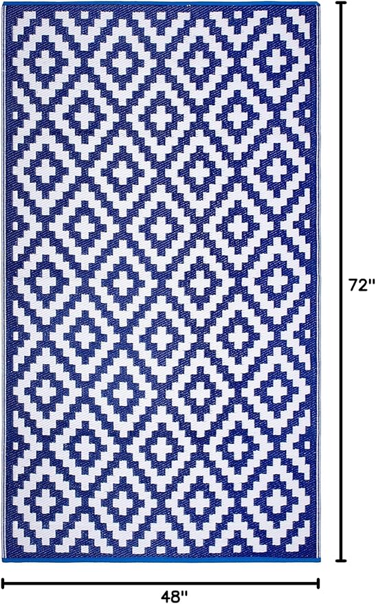 FH Home Outdoor Rug - Waterproof, Fade Resistant, Reversible - Premium Recycled Plastic - Geometric - Patio, Deck, Porch, Balcony, Laundry Room - Aztec - Blue & White Crease Free - 4 x 6 ft