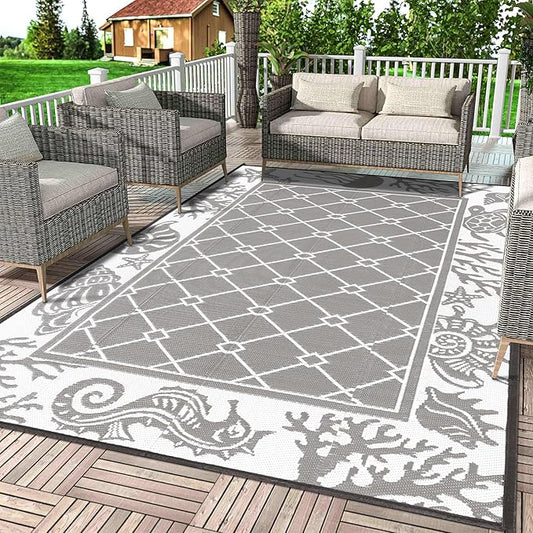 Vaukki Reversible Rugs, Plastic Straw Outdoor Doormat, Fade Resistant Plastic Outdoor Patio Mat, Lightweight Ocean Area Carpet for Patio, RV, Camping, Beach, Deck, Backyard and Picnic (Grey, 5'x8')
