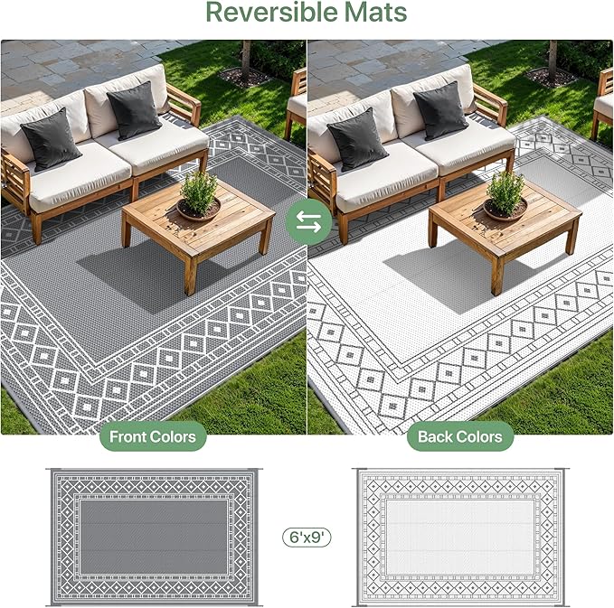 GENIMO Outdoor Rug Waterproof for Patio Decor, 6'x9' Reversible Plastic Straw Area Carpet, Camping Outside Mat for Outdoor, RV, Deck, Camper, Balcony, Picnic, Grey & White