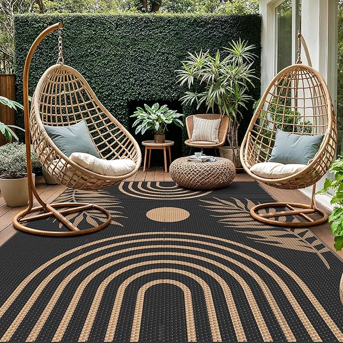 GENIMO Outdoor Rug 9' x 12' Waterproof for Patio Clearance, Reversible Lightweight Plastic Straw Camping Carpet, Large Area Rugs Mats for Rv, Backyard, Deck, Porch, Picnic, Balcony, Mix-Black & Brown