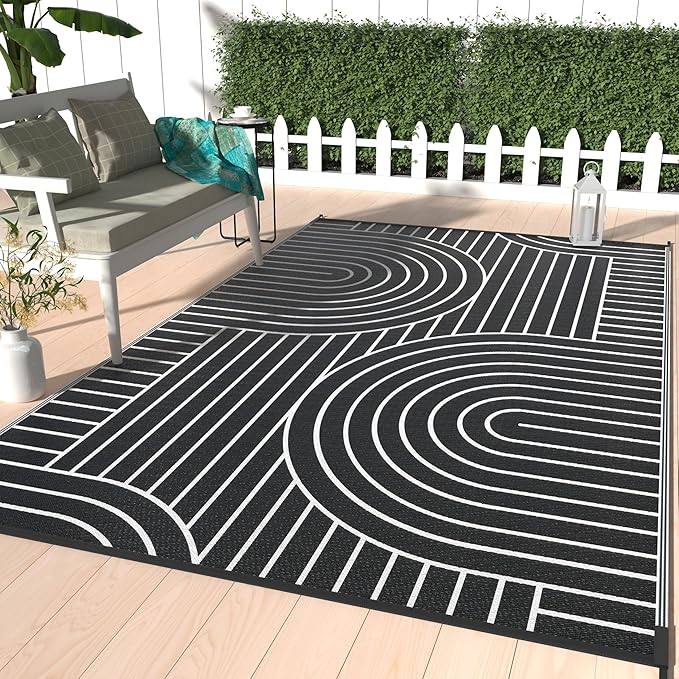 GENIMO Outdoor Rug 6'x9' Patio Waterproof, Lightweight Outdoor Plastic Straw Rug Clearance, Reversible Camping Mat Outdoor Carpet for RV, Picnic, Backyard, Deck, Balcony, Porch, Black & White