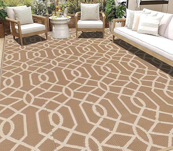 HEBE Outdoor Rug 9'x12' for Patios Waterproof Clearance Reversible Patio Mat Plastic Straw Rug RV Camping Mat Outside Area Rug Carpet for Camping RV,Porch,Deck,Balcony,Camper,Backyard