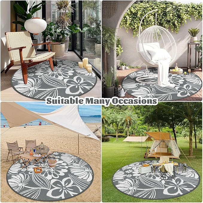 Ileading Round Outdoor Plastic Straw Rug 6ft Funny Floral Style Reversible Patio Area Rugs Waterproof Non Shedding Portable Carpets for Rv Outside Deck Pool Beach Picnic Camping (Grey)