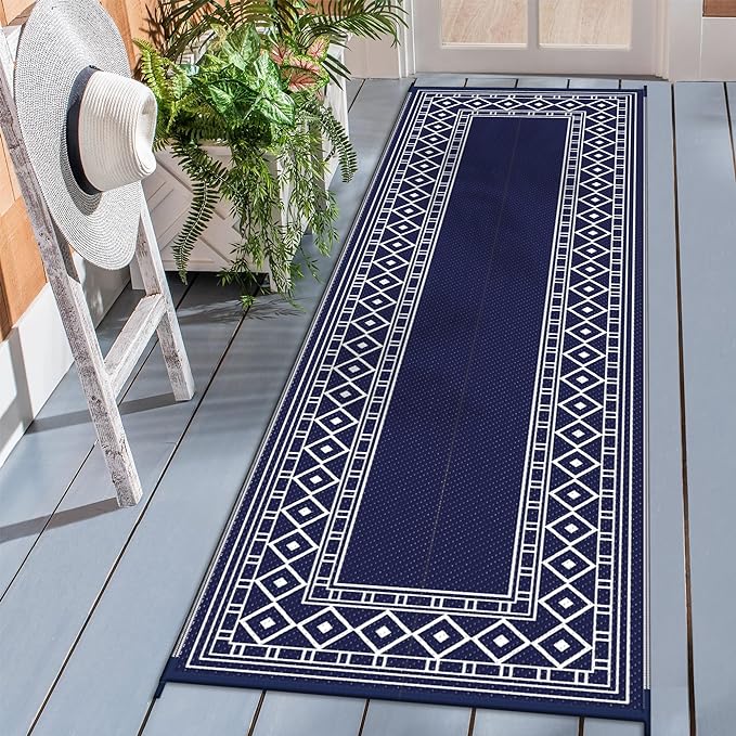 GENIMO Outdoor Rug Waterproof for Patio, 2.5'x8' Foldable Reversible Plastic Straw Runner Rug Carpet for Porch, Outside Area Mat for Rv, Deck, Picnic, Camper, Balcony, Beach, Blue & White