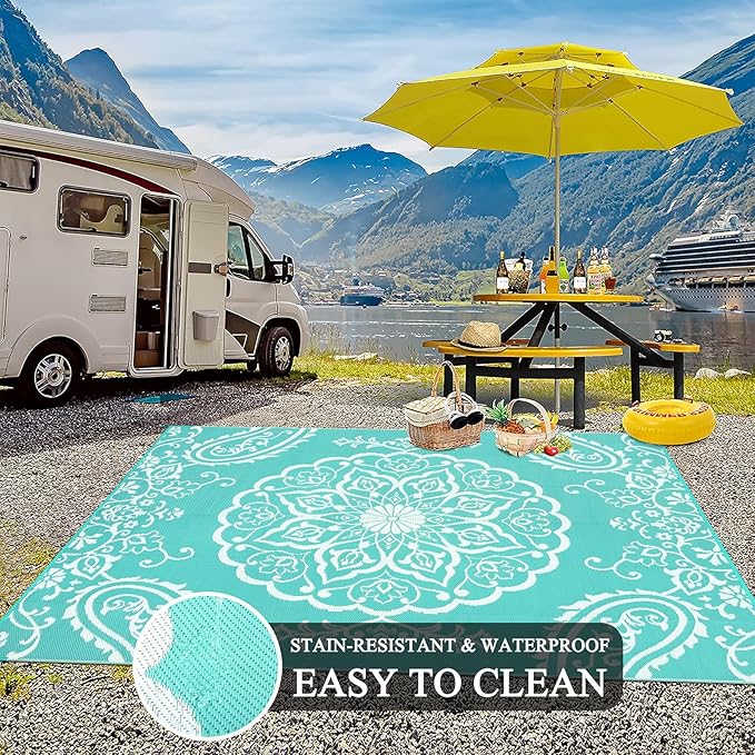 Pauwer Waterproof Outdoor Rug 8x10, Reversible Plastic Straw Patio Camping Rug, Indoor Outdoor RV Mat Carpet for Deck, Camper, Porch, Balcony, Backyard, Picnic, Boho Light Blue