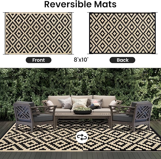 Smiry Waterproof Outdoor Rug 8x10 ft, Reversible Plastic Straw Patio Camping Rugs, Outdoor Indoor RV Mat Carpet for Patio, Outside Entry, Backyard, Deck, Bench, Picnic, Camper, Black & Beige