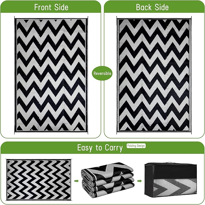 Easy-Going Reversible Outdoor Rugs 5x8ft Waterproof Plastic Straw Rug Stain & UV Resistant Floor Mat for Patio Porch RV Backyard Pool Deck Picnic Beach Trailer Camping (Waved Black & Light Grey)