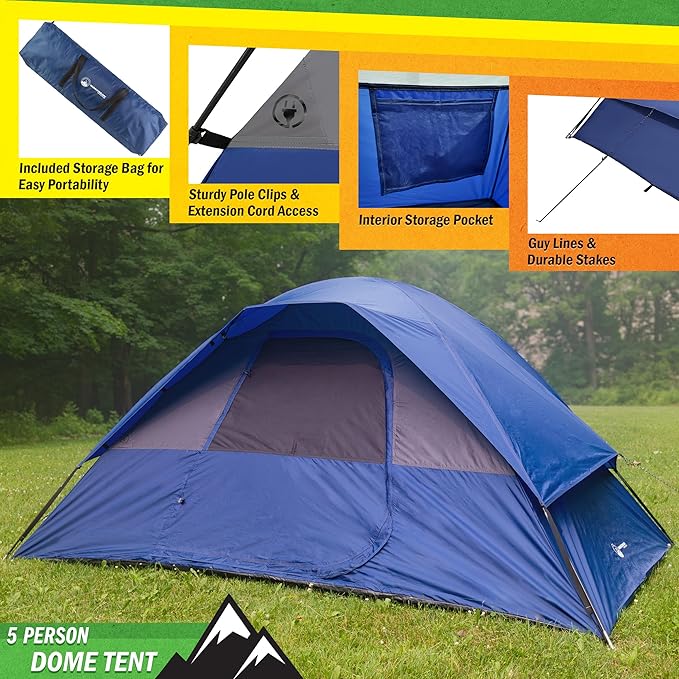 5 Person Camping Tent - Includes Rain Fly and Carrying Bag - Easy Set Up Tent for Backpacking, Hiking, or Beach Use by Wakeman Outdoors (Blue)