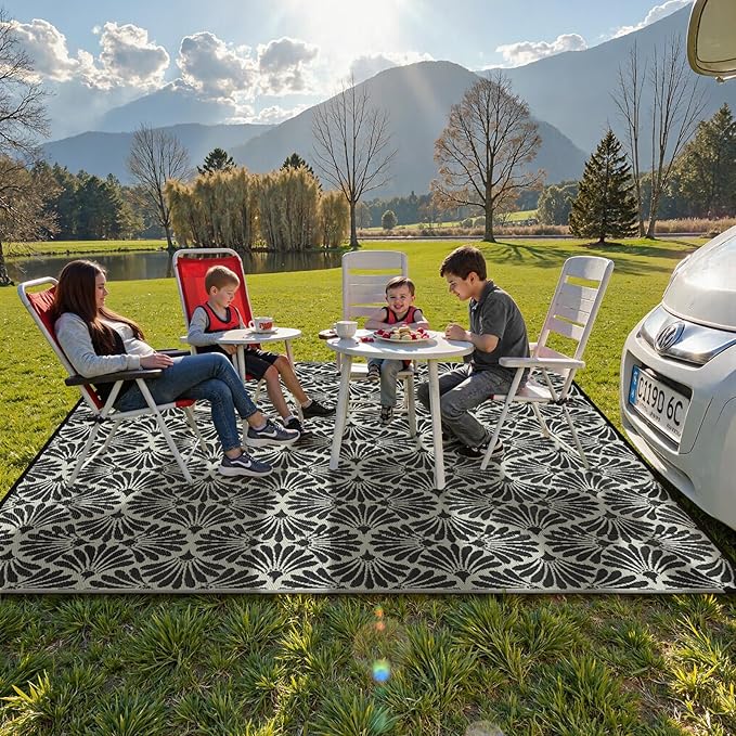 Lahome Patio Rugs Outdoor 8x10 Waterproof, Boho Outdoor Rug for Camping Beach, Plastic Straw Stain Resistant Mats for Outside Rv Backyard Garden Under Awning, Black White,8'x10'