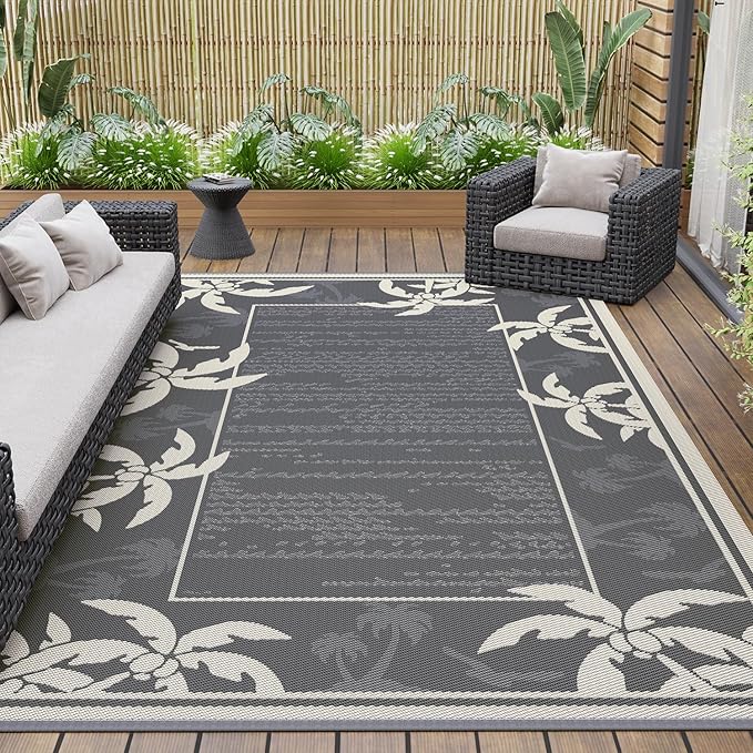 COCOER Outdoor-Rug 5x8 ft Waterproof Reversible Outdoor Plastic Straw Rug RV Indoor Outdoor Carpet Quick Dry Patio Rug Camping Mat for Balcony Backyard Picnic Beach-Grey&Beige